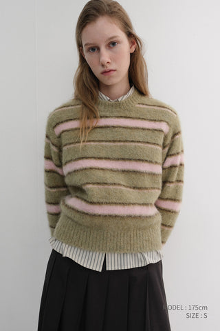 UNISEX STRIPED HAIRY SWEATER OLIVE PINK