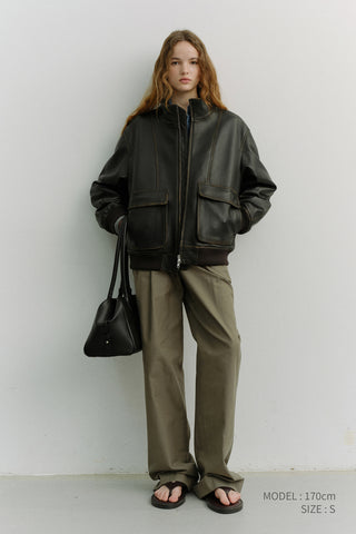 UNISEX STAND COLLARED LEATHER BLOUSON BRUSHED BLACK