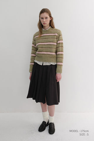 UNISEX STRIPED HAIRY SWEATER OLIVE PINK