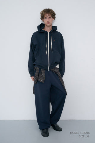 UNISEX LEATHER LOGO ZIP-UP HOODIE FRENCH NAVY