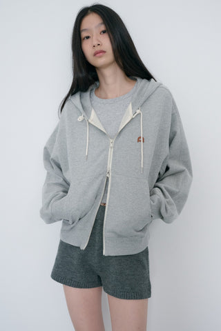 UNISEX LEATHER LOGO ZIP-UP HOODIE MELANGE GREY