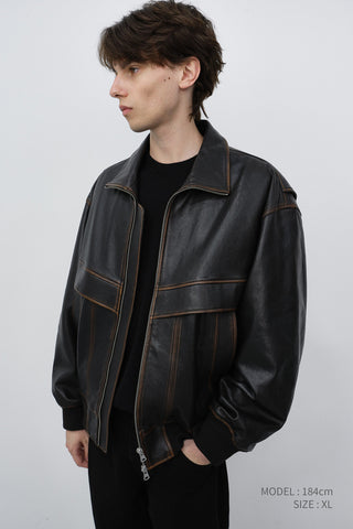 UNISEX STAND COLLARED LEATHER BLOUSON BRUSHED BROWN