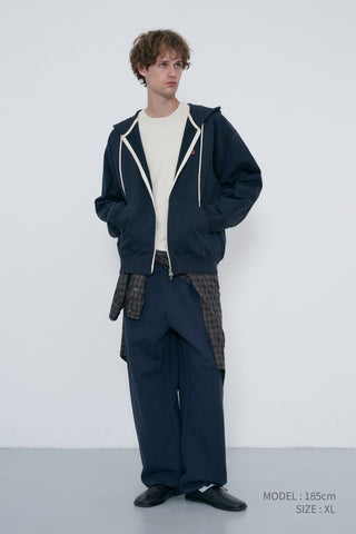 UNISEX LEATHER LOGO ZIP-UP HOODIE FRENCH NAVY