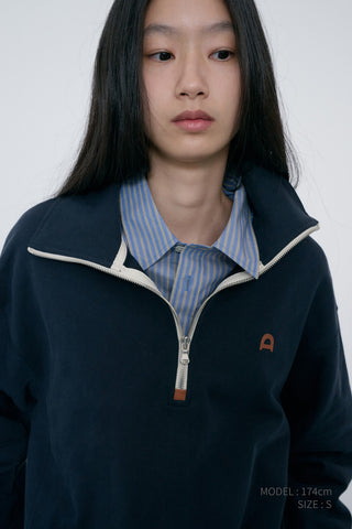 UNISEX LEATHER LOGO HALF ZIP-UP SWEATSHIRT FRENCH NAVY