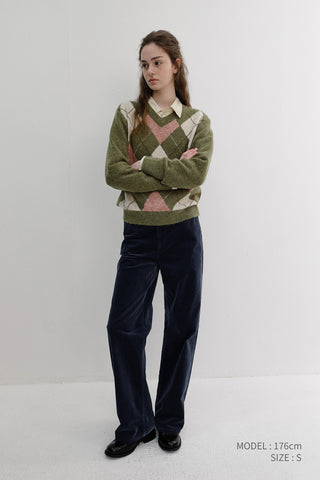 UNISEX HAIRY ALPACA ARGYLE SWEATER OLIVE KHAKI