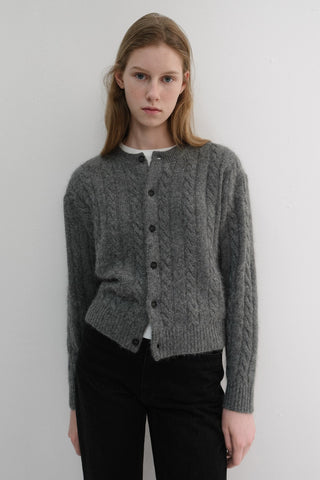 UNISEX HAIRY CABLE CREW NECK CARDIGAN MELANGE GREY
