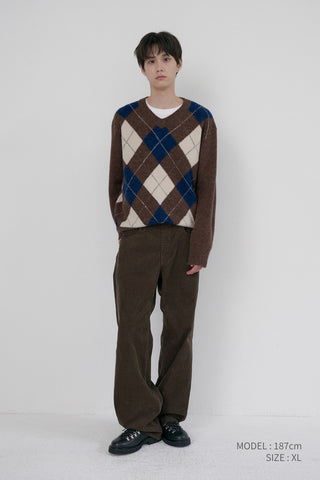UNISEX HAIRY ALPACA ARGYLE SWEATER GREYISH BROWN