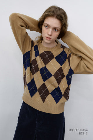 UNISEX ARGYLE CREWNECK SWEATER CAMEL BEIGE