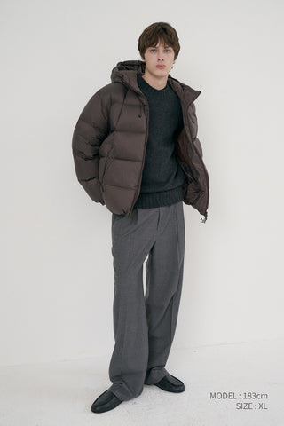 UNISEX HOODED VOLUME GOOSE DOWN JACKET DARK BROWN