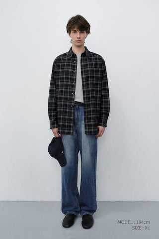UNISEX CHECKED FLANNEL BD SHIRT NAVY GREY