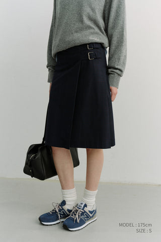 PLEATS MIDI SKIRT NAVY CHECK