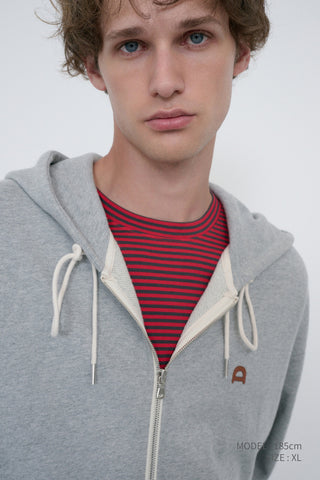 UNISEX LEATHER LOGO ZIP-UP HOODIE MELANGE GREY
