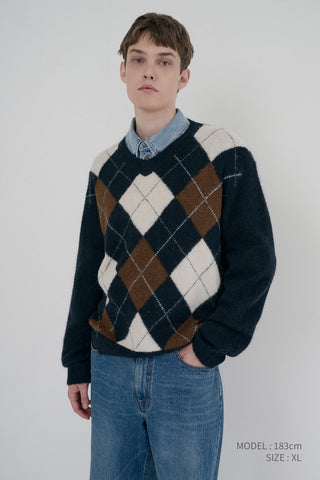 UNISEX HAIRY ALPACA ARGYLE SWEATER NAVY