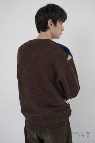 UNISEX HAIRY ALPACA ARGYLE SWEATER GREYISH BROWN