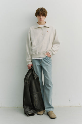 UNISEX LEATHER LOGO HALF ZIP-UP SWEATSHIRT OATMEAL MELANGE