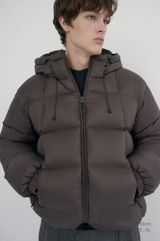 UNISEX HOODED VOLUME GOOSE DOWN JACKET DARK BROWN