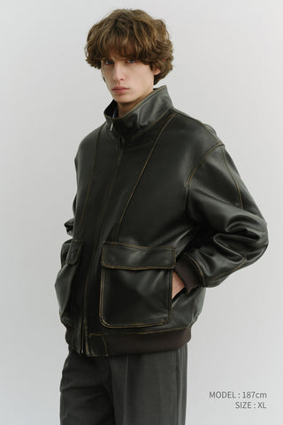 UNISEX STAND COLLARED LEATHER BLOUSON BRUSHED BLACK