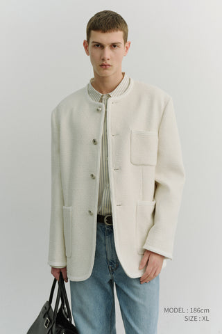 UNISEX COLLARLESS TWEED JACKET CREAM