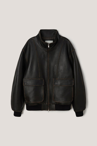 UNISEX STAND COLLARED LEATHER BLOUSON BRUSHED BLACK