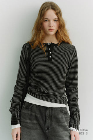 UNISEX HENLEY-NECK T-SHIRT BLACK STRIPE