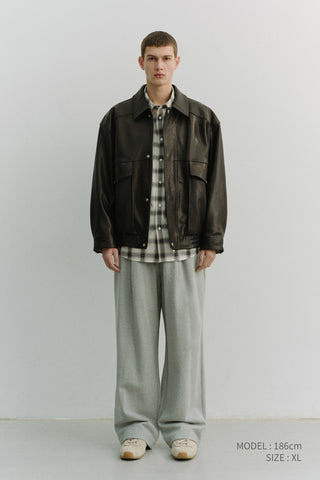 UNISEX LEATHER LOGO WIDE SWEAT PANTS MELANGE GREY