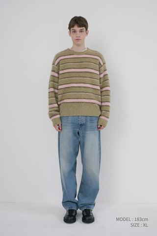 UNISEX STRIPED HAIRY SWEATER OLIVE PINK