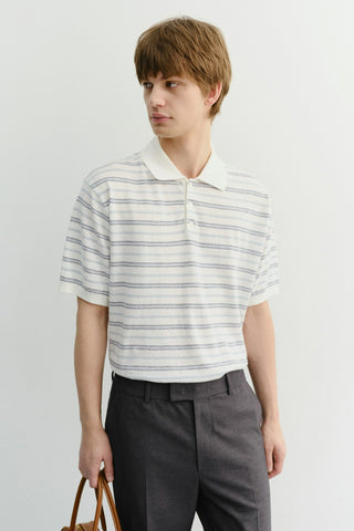 UNISEX STRIPED POLO KNIT WHITE SOFT BLUE