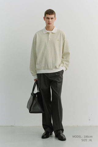 UNISEX STRIPED LOGO COLLARED T-SHIRT OLIVE STRIPE