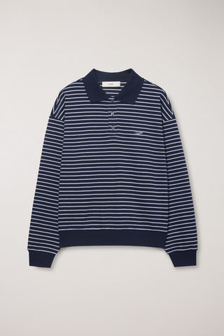 UNISEX STRIPED LOGO COLLARED T-SHIRT NAVY