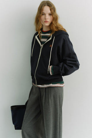 UNISEX LEATHER LOGO ZIP-UP HOODIE FRENCH NAVY