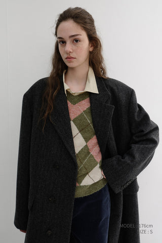 UNISEX HAIRY ALPACA ARGYLE SWEATER OLIVE KHAKI
