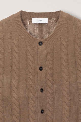UNISEX HAIRY CABLE CREW NECK CARDIGAN CAMEL