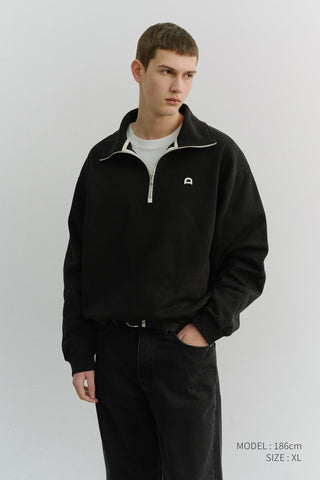 UNISEX LEATHER LOGO HALF ZIP-UP SWEATSHIRT BLACK