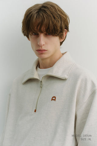UNISEX LEATHER LOGO HALF ZIP-UP SWEATSHIRT OATMEAL MELANGE
