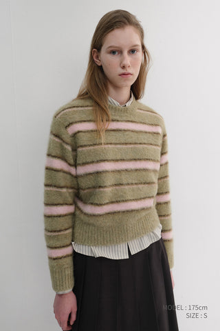 UNISEX STRIPED HAIRY SWEATER OLIVE PINK