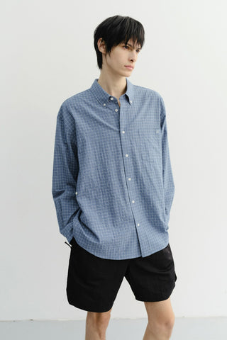 UNISEX SEERSUCKER BD SHIRT BLUE CHECK