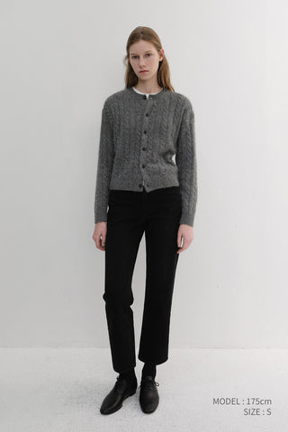 UNISEX HAIRY CABLE CREW NECK CARDIGAN MELANGE GREY