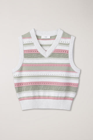 UNISEX CRAFTED STRIPED KNIT VEST IVORY MINT