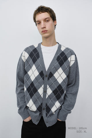 UNISEX V-NECK ARGYLE CARDIGAN GREY
