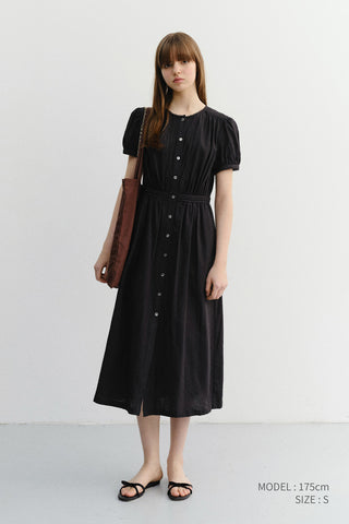 MAXI SHIRRING HALF SLEEVE DRESS BLACK