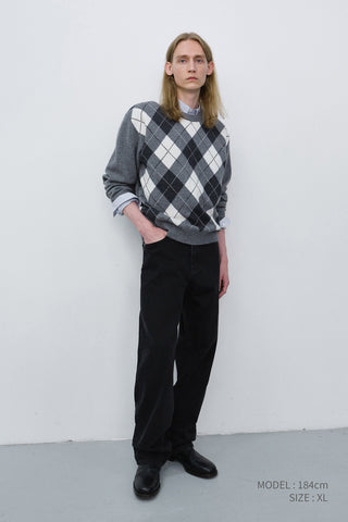 UNISEX ARGYLE CREWNECK SWEATER GREY