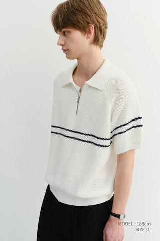HALF ZIP-UP STRIPED POLO KNIT WHITE