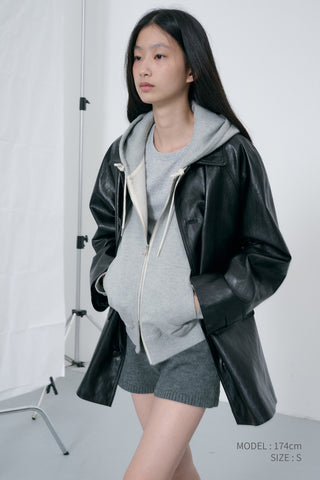 UNISEX LEATHER LOGO ZIP-UP HOODIE MELANGE GREY