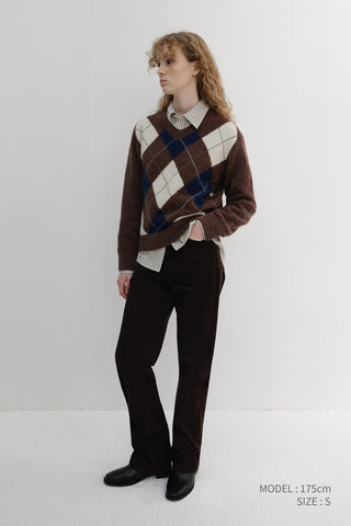 UNISEX HAIRY ALPACA ARGYLE SWEATER GREYISH BROWN
