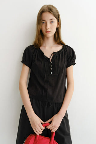 RIBBONED SHIRRING BLOUSE BLACK
