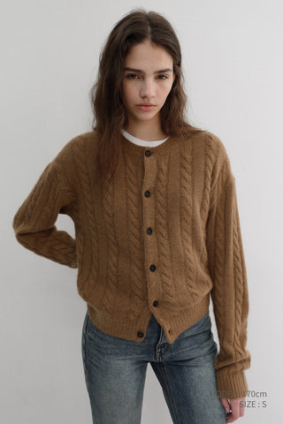 UNISEX HAIRY CABLE CREW NECK CARDIGAN CAMEL