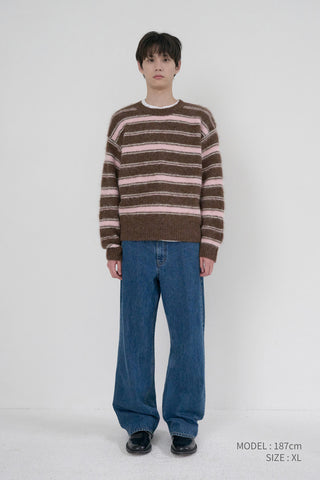 UNISEX STRIPED HAIRY SWEATER BROWN PINK
