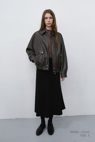 UNISEX ALTER-LEATHER ZIP-UP BLOUSON DARK BROWN