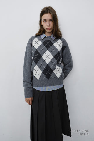UNISEX ARGYLE CREWNECK SWEATER GREY