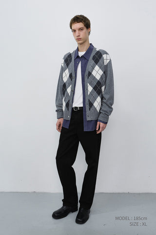 UNISEX V-NECK ARGYLE CARDIGAN GREY